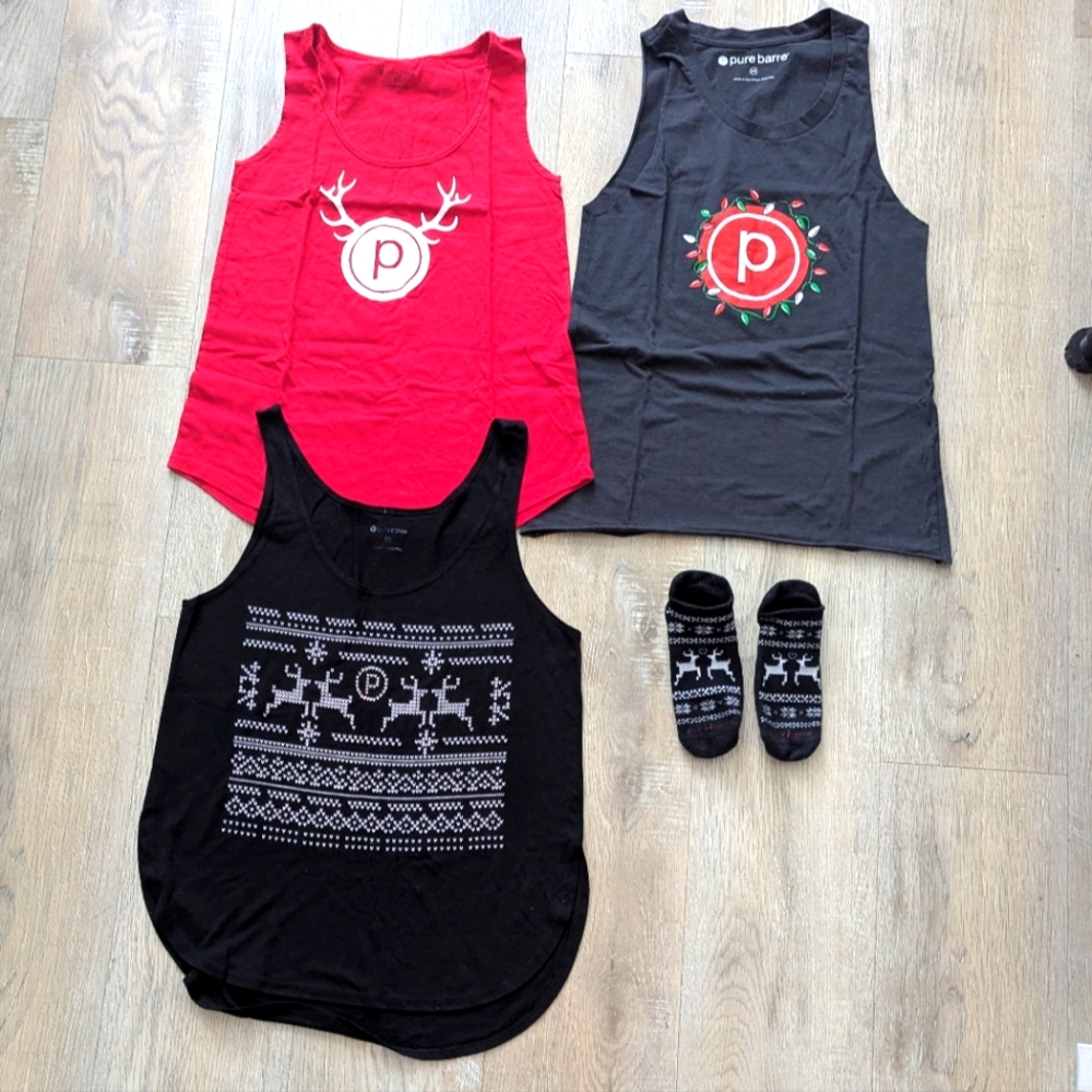 Lot of 3 Pure Barre Holiday Christmas tanks and sticky socks